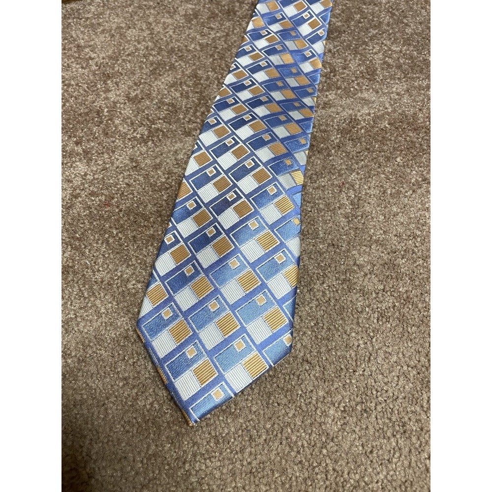 Michael Kors Mens Necktie Gold Light Blue Geometric Square Silk‎ 3.5" Designer